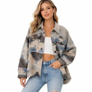 La Miel Boho Western Aztec Shacket | Boxy High Low Frayed Hem